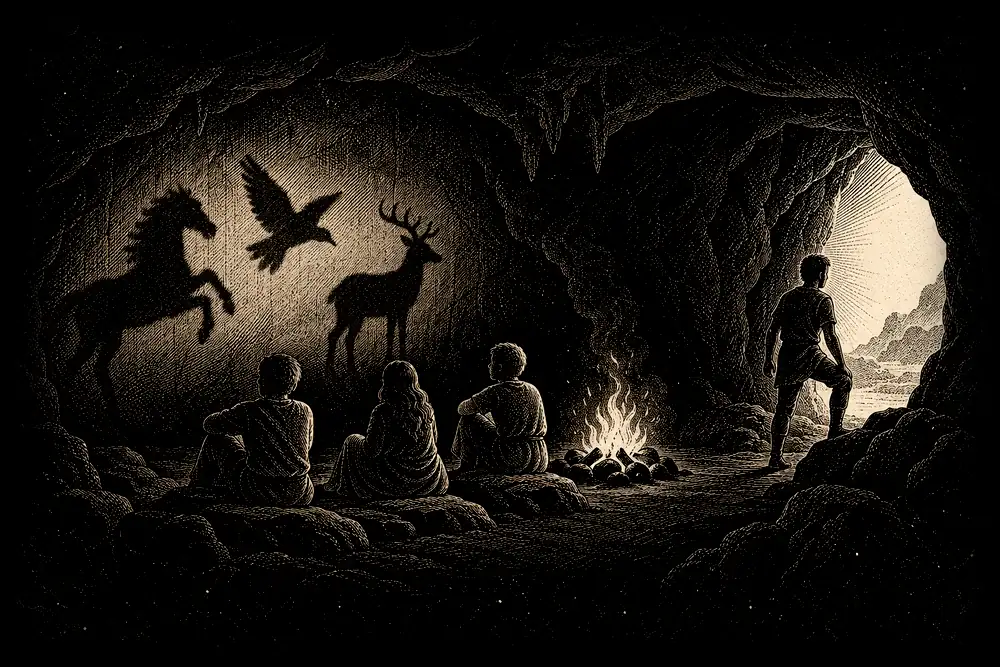 Figures inside a dark cave facing shadows on a wall, a fire behind them; one figure has turned toward the bright opening