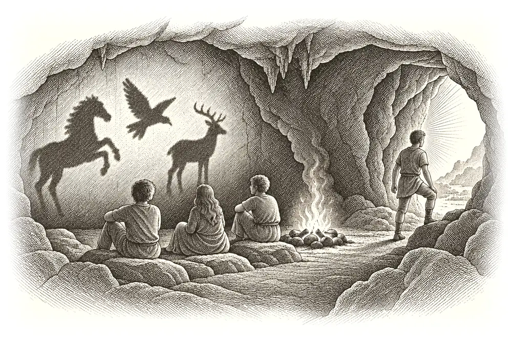 Figures inside a dark cave facing shadows on a wall, a fire behind them; one figure has turned toward the bright opening