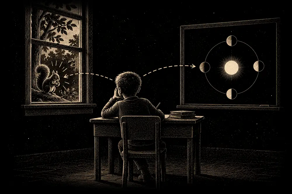 A classroom: a child at a desk, attention drawn to a squirrel in the window, a dashed arrow pulling attention back to the lesson on the board