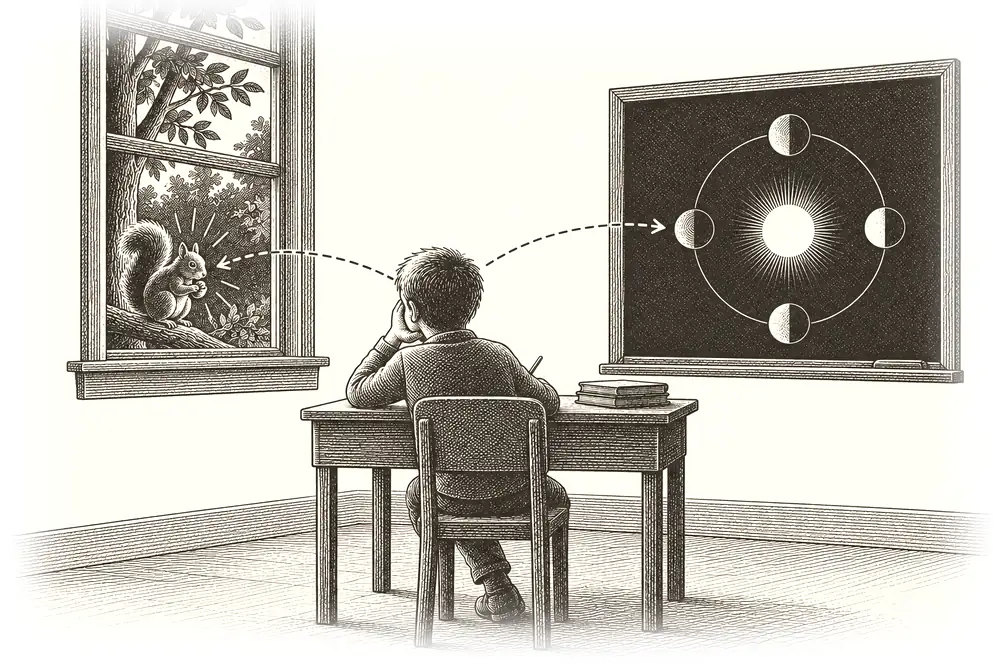 A classroom: a child at a desk, attention drawn to a squirrel in the window, a dashed arrow pulling attention back to the lesson on the board