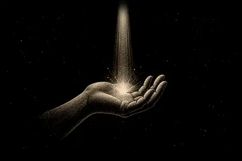A hand with a beam of attention falling on it; where the beam lands, energy sparkles; elsewhere nothing