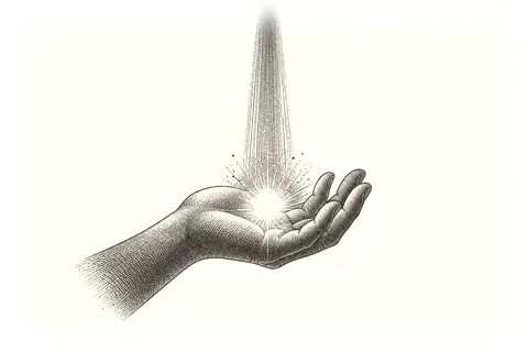 A hand with a beam of attention falling on it; where the beam lands, energy sparkles; elsewhere nothing