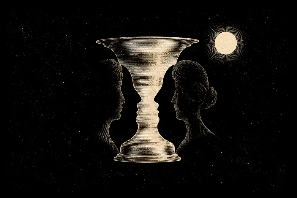 A vase that is also two faces in profile; the vase stands for the whole sensory field and the faces for the witness, and a small gold circle sits outside both, aware of the whole picture