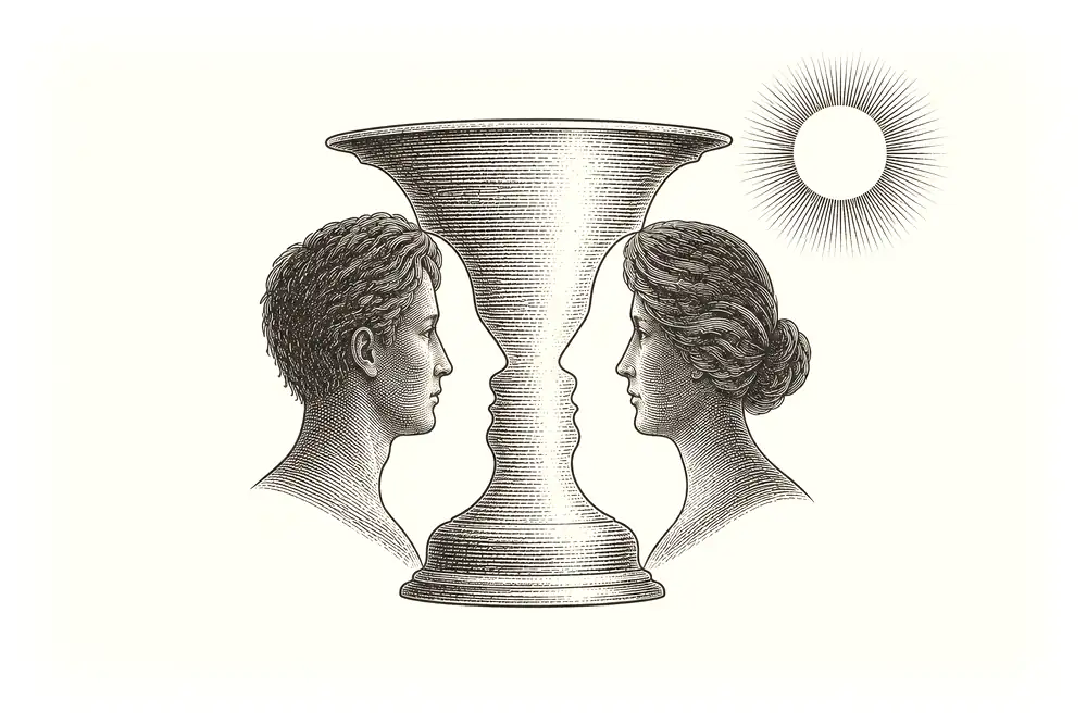 A vase that is also two faces in profile; the vase stands for the whole sensory field and the faces for the witness, and a small gold circle sits outside both, aware of the whole picture