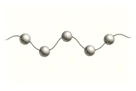 Five loose beads sit on an empty thread, with gold marking only the open space around them.