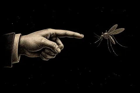 A tiny pointing finger directs a mosquito, with no gold because the object shows the commanding habit.