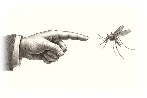 A tiny pointing finger directs a mosquito, with no gold because the object shows the commanding habit.