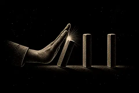 A hand pauses one falling domino before it reaches the next, with gold marking the moment of seeing.