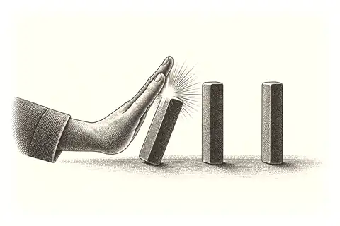 A hand pauses one falling domino before it reaches the next, with gold marking the moment of seeing.
