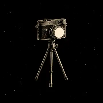 a small camera on a tripod with a gold lens