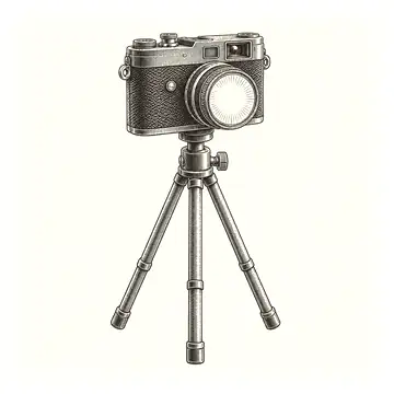 a small camera on a tripod with a gold lens