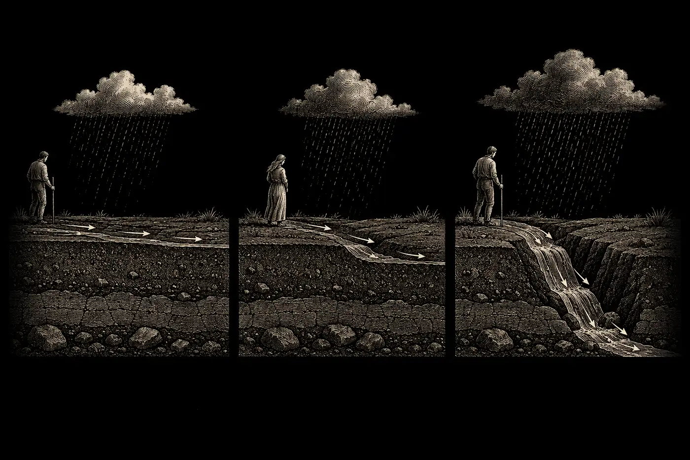 Three frames of ground: a first trickle of water, a shallow groove forming, and a deep channel that later rain follows