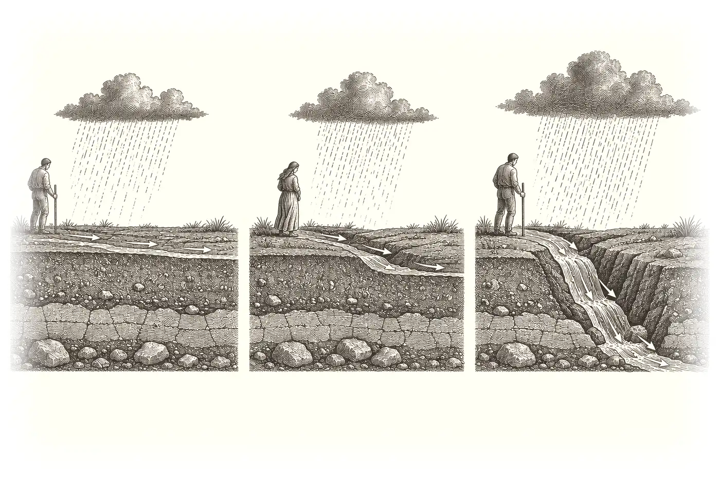 Three frames of ground: a first trickle of water, a shallow groove forming, and a deep channel that later rain follows