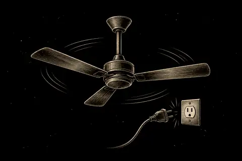 A ceiling fan with its plug pulled out of the socket, blades still turning; a gold bracket marks the gap