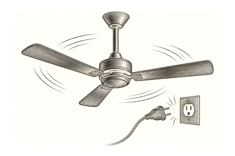 A ceiling fan with its plug pulled out of the socket, blades still turning; a gold bracket marks the gap