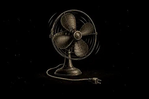 An unplugged cord lies below a slowing fan, with no gold because the icon shows residual momentum.