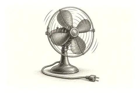 An unplugged cord lies below a slowing fan, with no gold because the icon shows residual momentum.