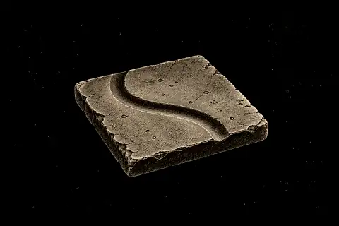 A worn groove curves through a small clay tile, with no gold because it represents unconscious conditioning.