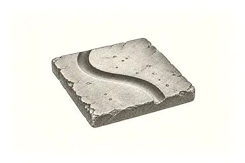 A worn groove curves through a small clay tile, with no gold because it represents unconscious conditioning.