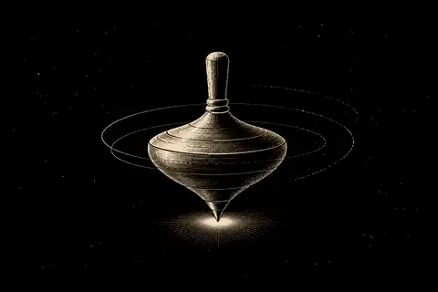 A spinning top settles upright as its circles fade, with gold marking the still point beneath it.