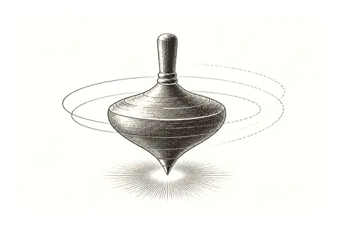 A spinning top settles upright as its circles fade, with gold marking the still point beneath it.