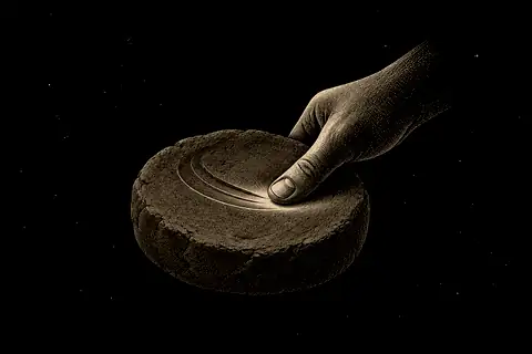 A thumb smooths one shallow channel in clay, with gold marking the instant the habit is caught.