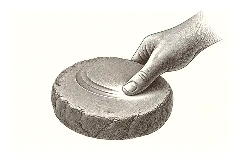 A thumb smooths one shallow channel in clay, with gold marking the instant the habit is caught.