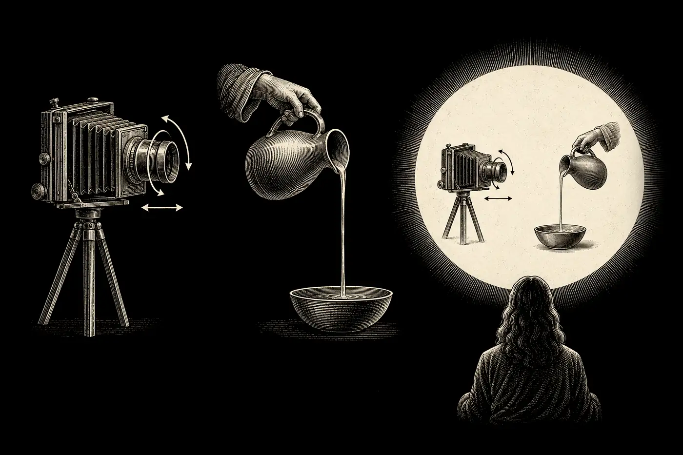 Three panels: a camera turning and zooming, an unbroken stream of oil from a jar, and a gold field containing both