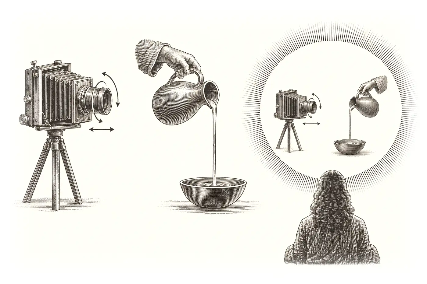 Three panels: a camera turning and zooming, an unbroken stream of oil from a jar, and a gold field containing both