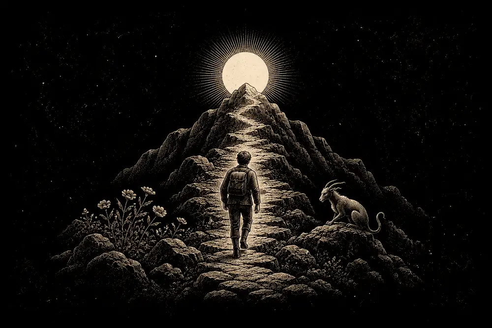 A straight path up a mountain to a gold summit; flowers on one side, a creature on the other; a walker looking straight ahead