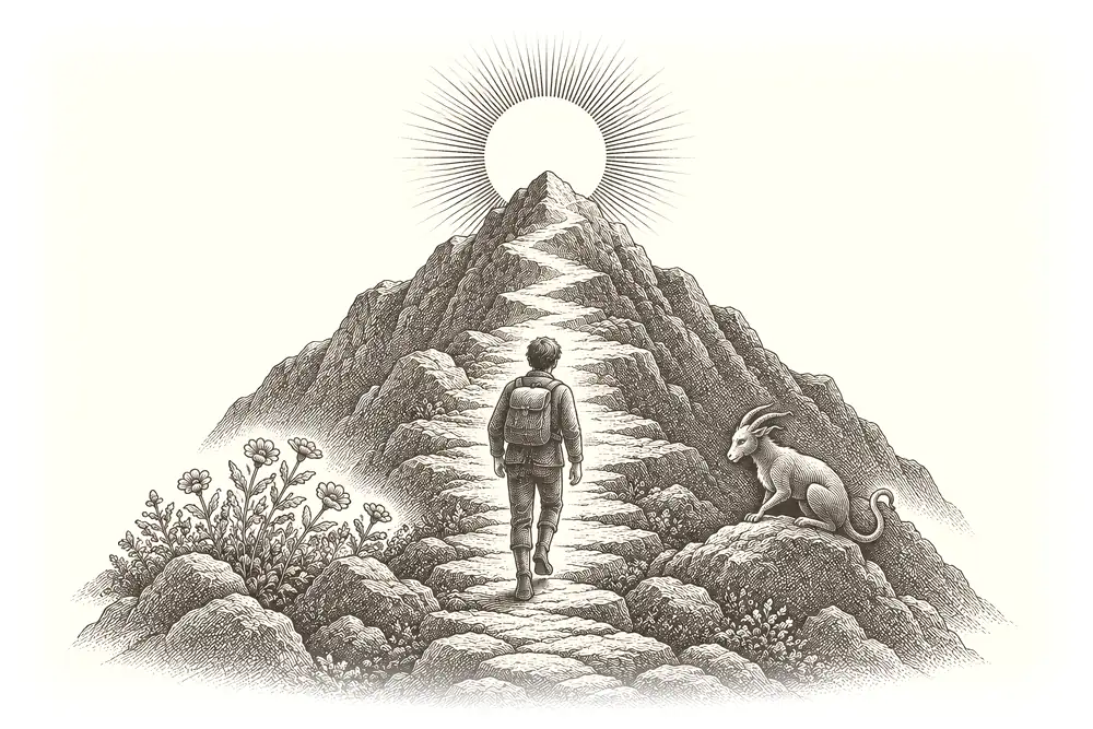 A straight path up a mountain to a gold summit; flowers on one side, a creature on the other; a walker looking straight ahead