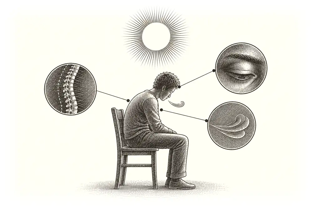 A slumped seated figure with callouts to heavy eyes, a curved spine and a shortened breath line; a gold mark above reads seen