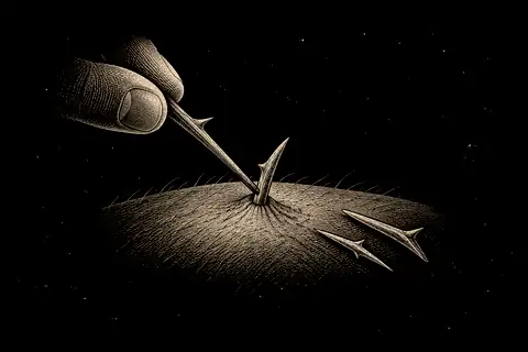 One thorn levering another out of skin; both thorns then lie discarded