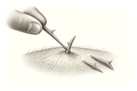 One thorn levering another out of skin; both thorns then lie discarded