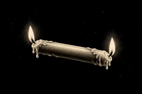 A short candle burns from both ends, with gold marking both flames as awareness-led practice.