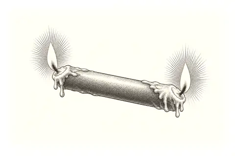 A short candle burns from both ends, with gold marking both flames as awareness-led practice.