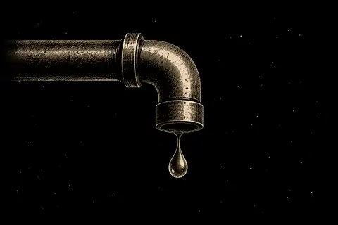 A simple bent pipe drains one teal drop, with no gold because the object shows practical maintenance.