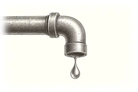 A simple bent pipe drains one teal drop, with no gold because the object shows practical maintenance.