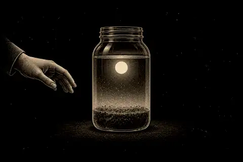 A cloudy jar settles while a hand leaves it untouched, with gold marking awareness above the sediment.