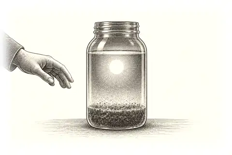 A cloudy jar settles while a hand leaves it untouched, with gold marking awareness above the sediment.