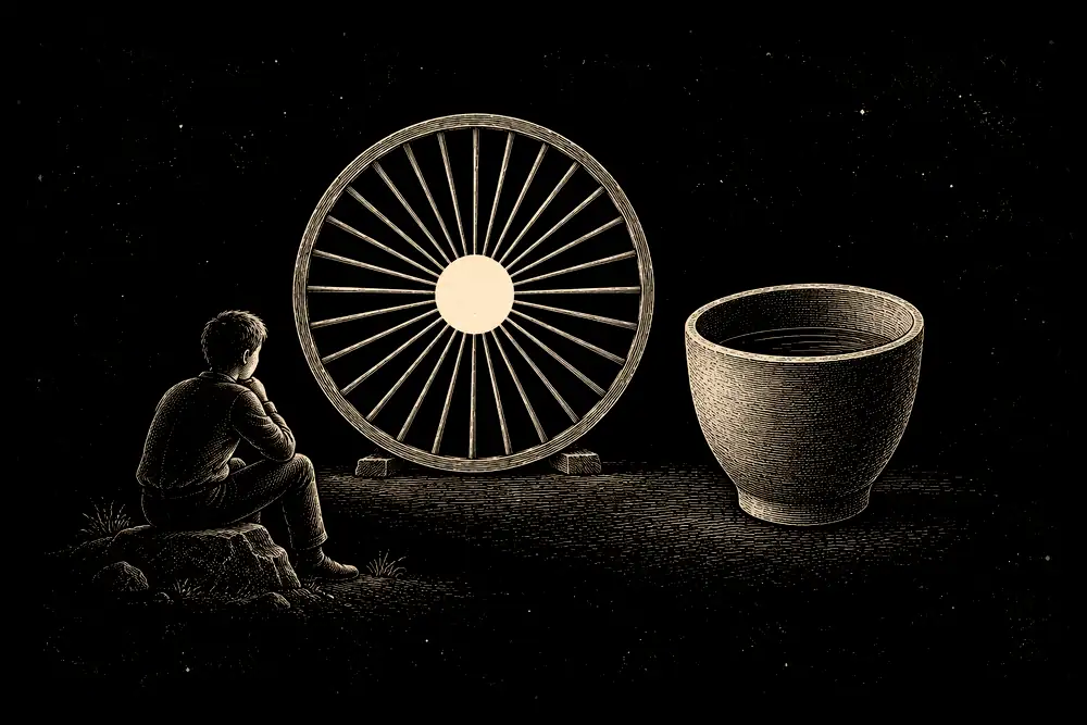 Thirty spokes meeting at an empty gold hub; a cup whose emptiness holds the water