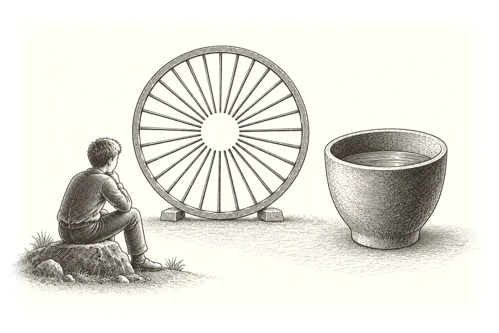 Thirty spokes meeting at an empty gold hub; a cup whose emptiness holds the water
