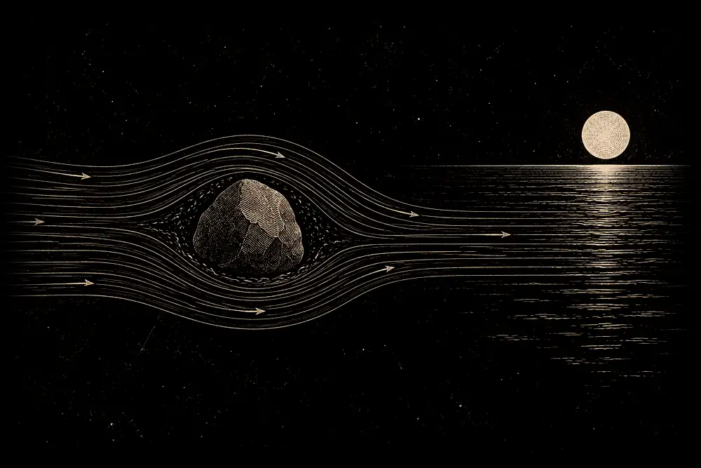Water flowing around a rock and on toward the sea; the rock unmoved, the water untroubled