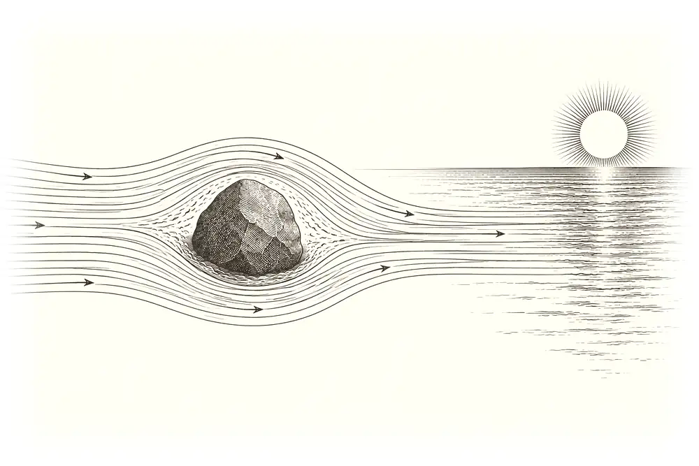 Water flowing around a rock and on toward the sea; the rock unmoved, the water untroubled