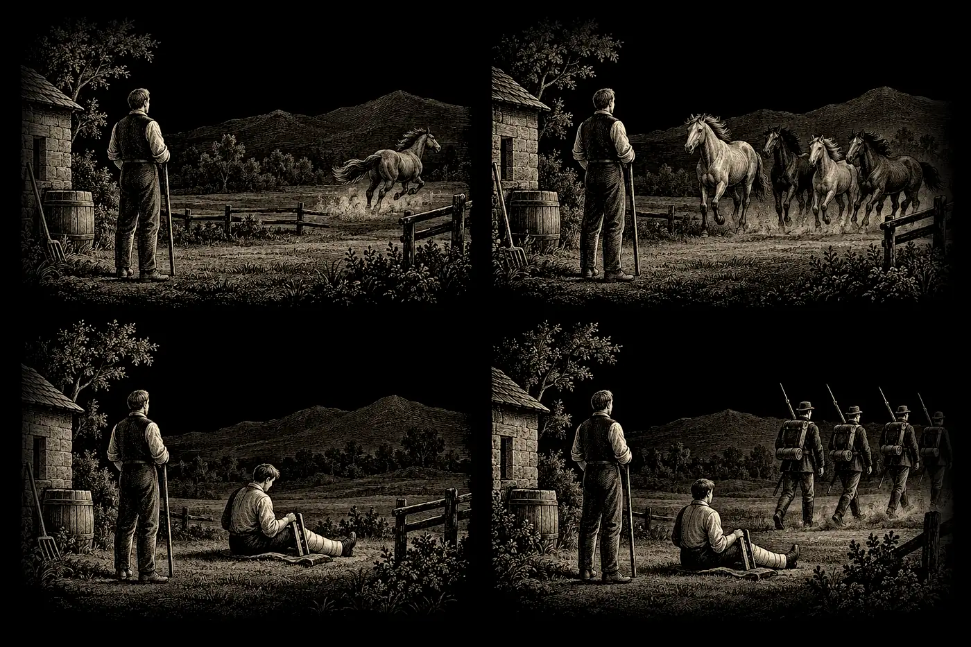 Four frames of the parable: the horse runs off; it returns with wild horses; the son breaks his leg; the army passes him by. The farmer stands unchanged in each