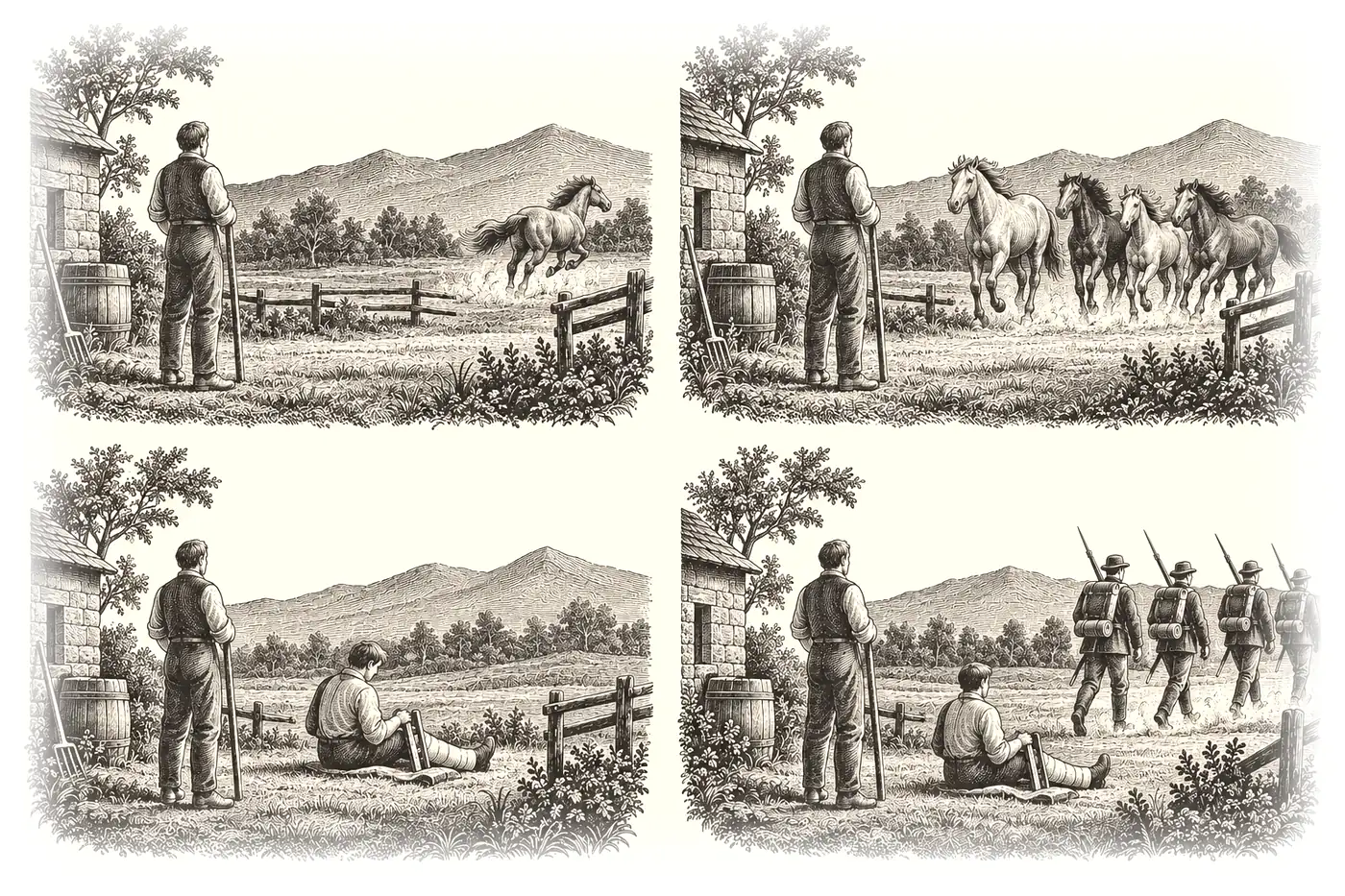 Four frames of the parable: the horse runs off; it returns with wild horses; the son breaks his leg; the army passes him by. The farmer stands unchanged in each