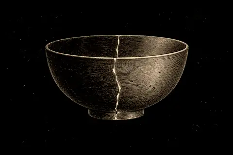 Two halves of a cracked bowl are joined at the root, with gold marking the repaired seam.