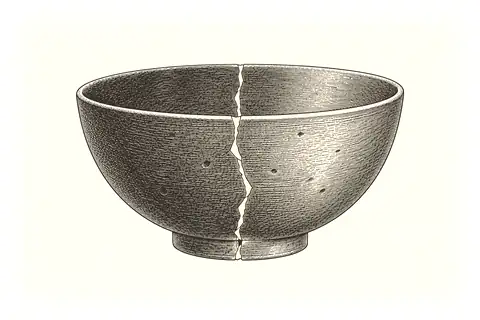 Two halves of a cracked bowl are joined at the root, with gold marking the repaired seam.