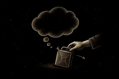 A hand gently removes a fuel can from beneath a thought bubble, with no gold because it shows withdrawing belief.