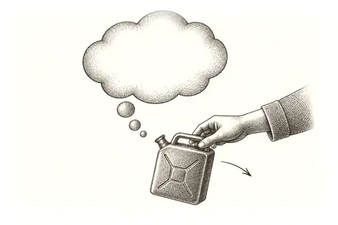A hand gently removes a fuel can from beneath a thought bubble, with no gold because it shows withdrawing belief.